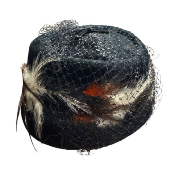 Vtg 1930 1940s Velvet Pillbox Hat Feather Birdcage Veil Union USA Kentucky Derby main image 10